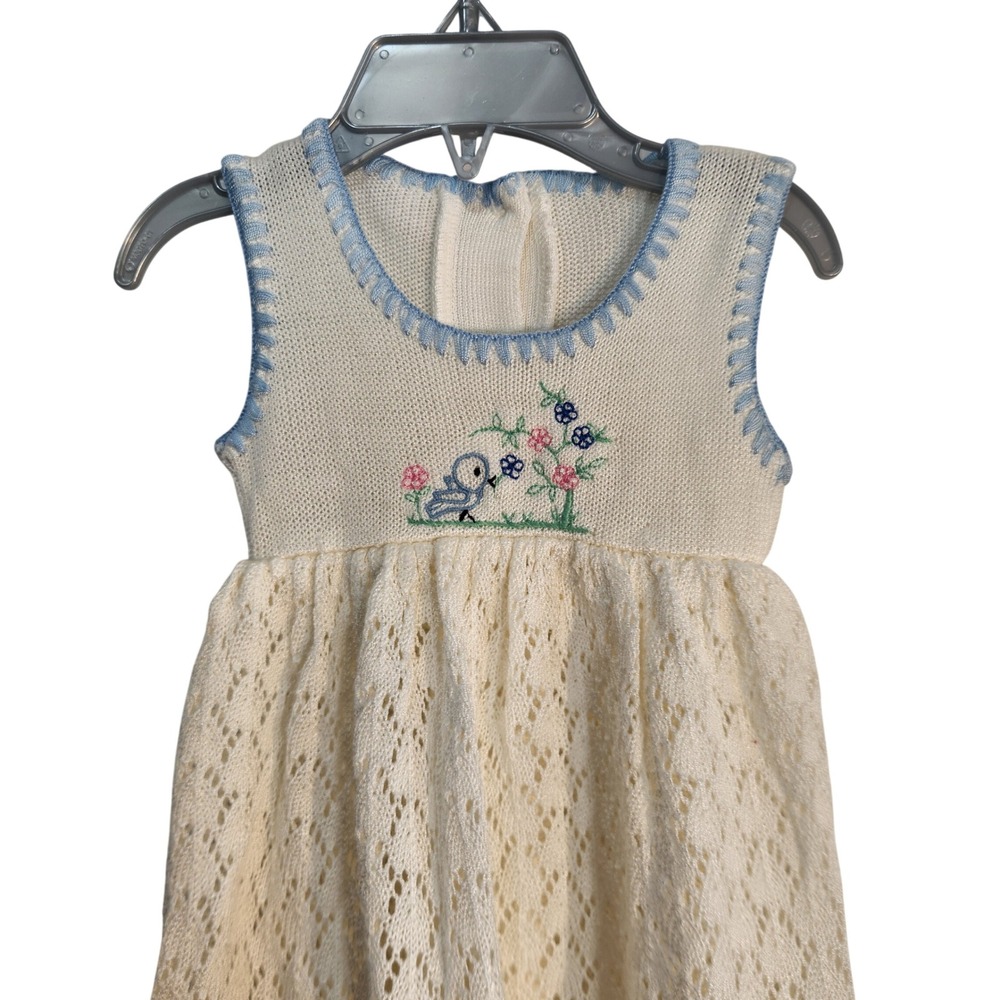 Vintage Handmade‎ Knit Baby Cream Blue Embroidered Bird Pointelle Dress Spain